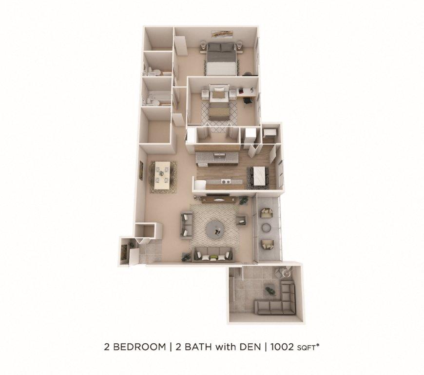 Floor plan for 2 beds, 1.5 baths, 1002 sqft
